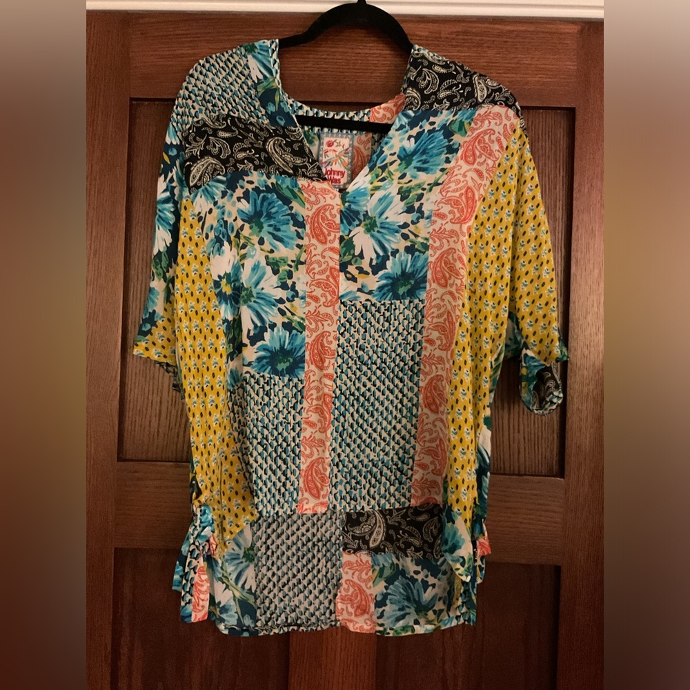 Johnny Was Boho Patchwork Floral Silk Rayon High Low Side Tie Tunic Top Sz M